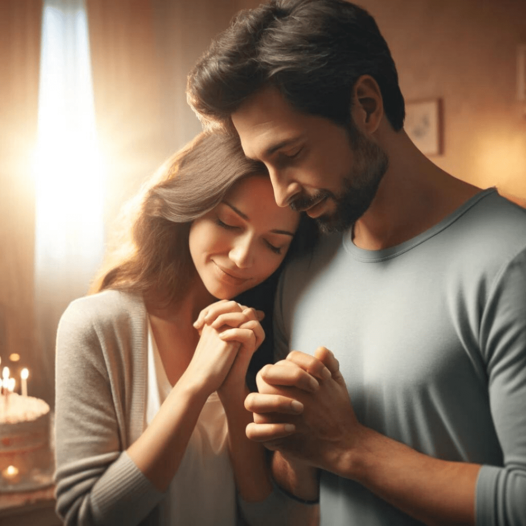 A tender moment captured between a husband and a wife, clasping hands and closing their eyes in a prayerful pose. The warm lighting, serene expressions, and birthday cake in the background suggest a heartfelt moment of gratitude and reflection on birthday prayers for the husband.