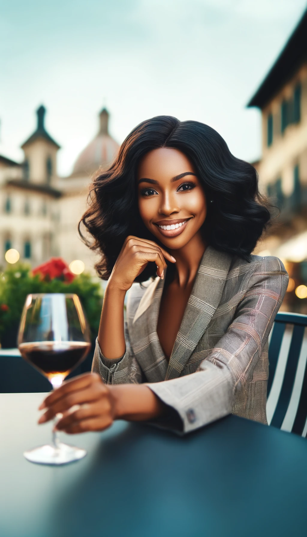 A poised woman with radiant skin and a graceful smile sits at an outdoor café, elegantly dressed in a plaid blazer, with a glass of red wine on the table, embodying sophistication and class.