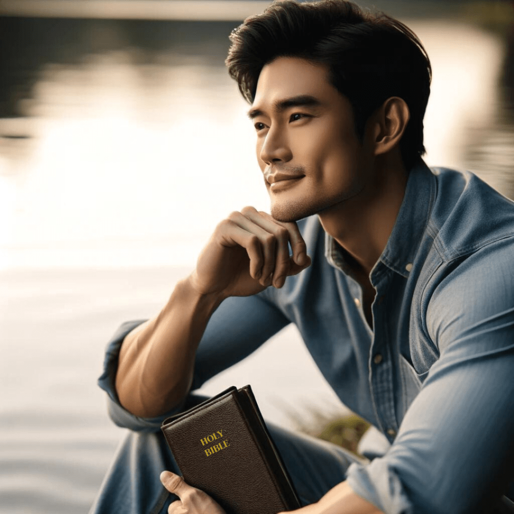 A contemplative man holding a Holy Bible by a body of water, dressed in a casual denim shirt, with a thoughtful expression on his face. This image conveys a moment of peaceful reflection, suitable for a blog post titled "Birthday Prayers for Your Husband on His Special Day".