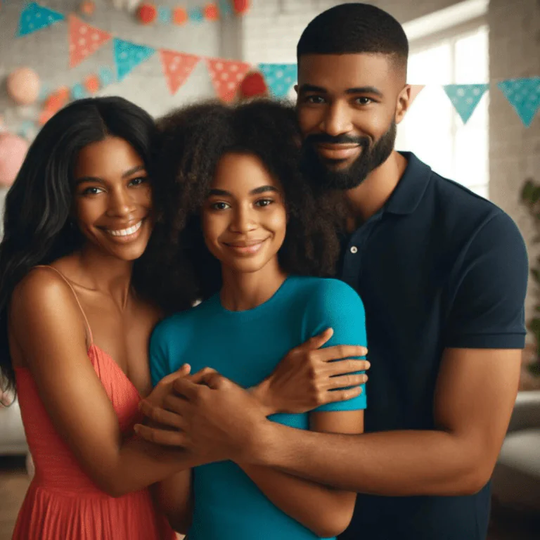 A smiling family celebrates a special occasion, featuring a young Black daughter embraced by her parents, all dressed in festive attire with party decorations in the background.