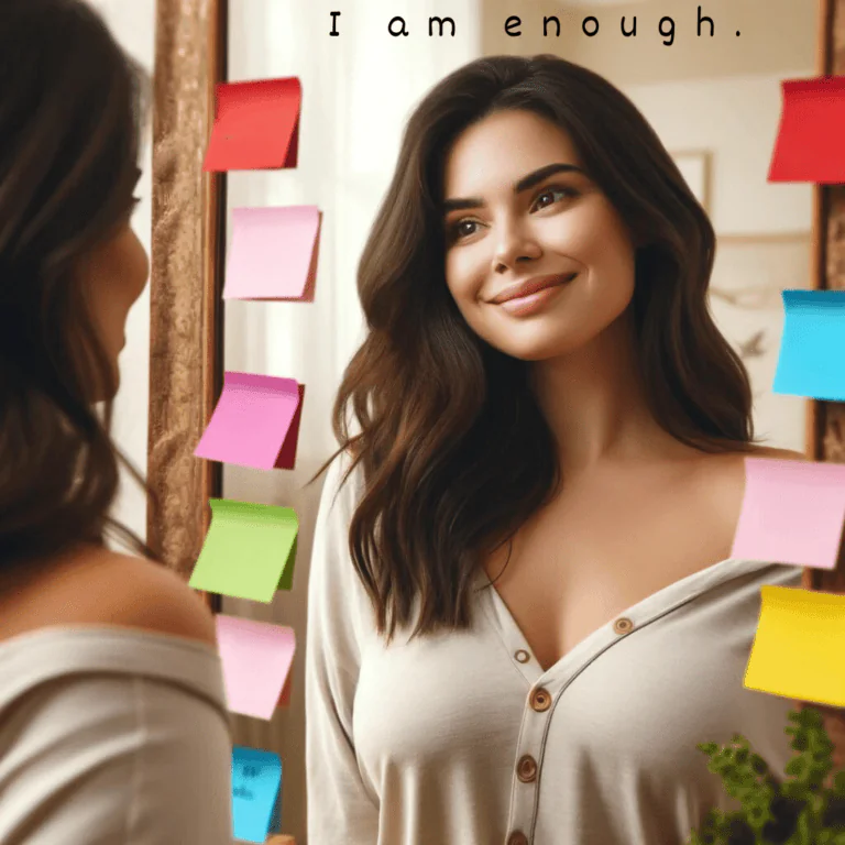 A smiling woman in a beige cardigan looking at herself in a mirror surrounded by colorful sticky notes with affirmations. One prominent note reads 'I am enough.