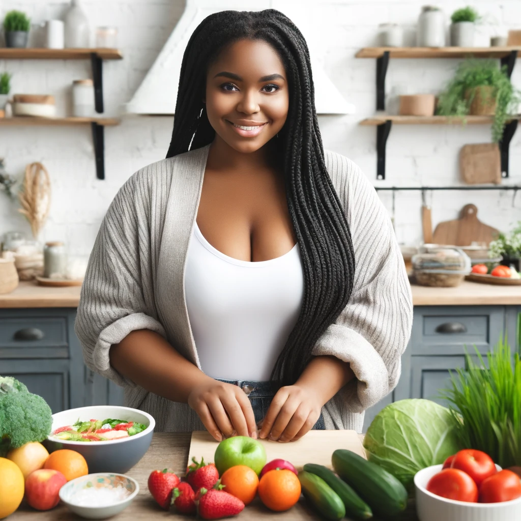 A joyful woman with long braided hair prepares a healthy meal in a bright kitchen. She's surrounded by a colorful array of fresh fruits and vegetables, wearing a white tank top and a cozy beige cardigan. Her smile and the vibrant food showcase the positive lifestyle choices emphasized in weight loss affirmations.