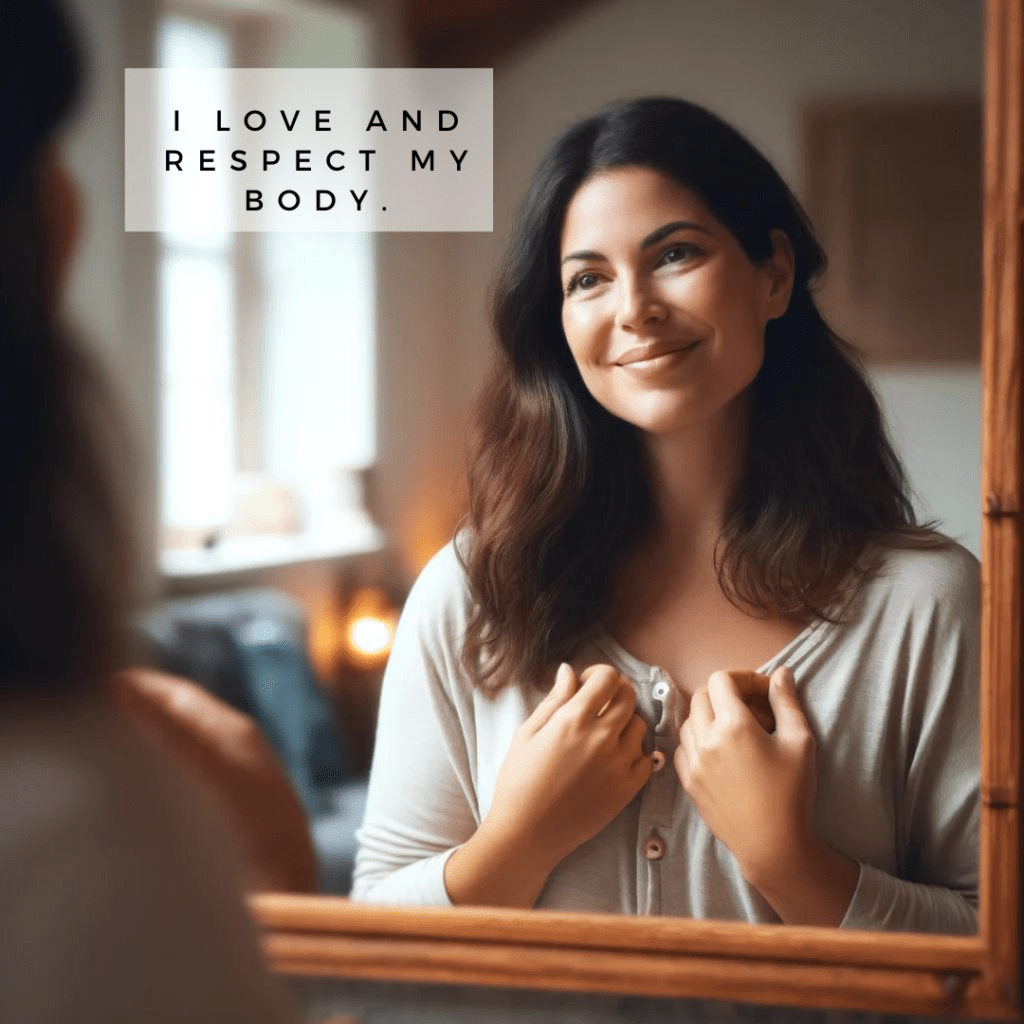 A contented woman with dark hair, wearing a light grey cardigan, smiles gently while looking at her reflection in a mirror, with a text overlay that reads 'I love and respect my body.' This image illustrates the impact of positive affirmations on self-esteem and body image.