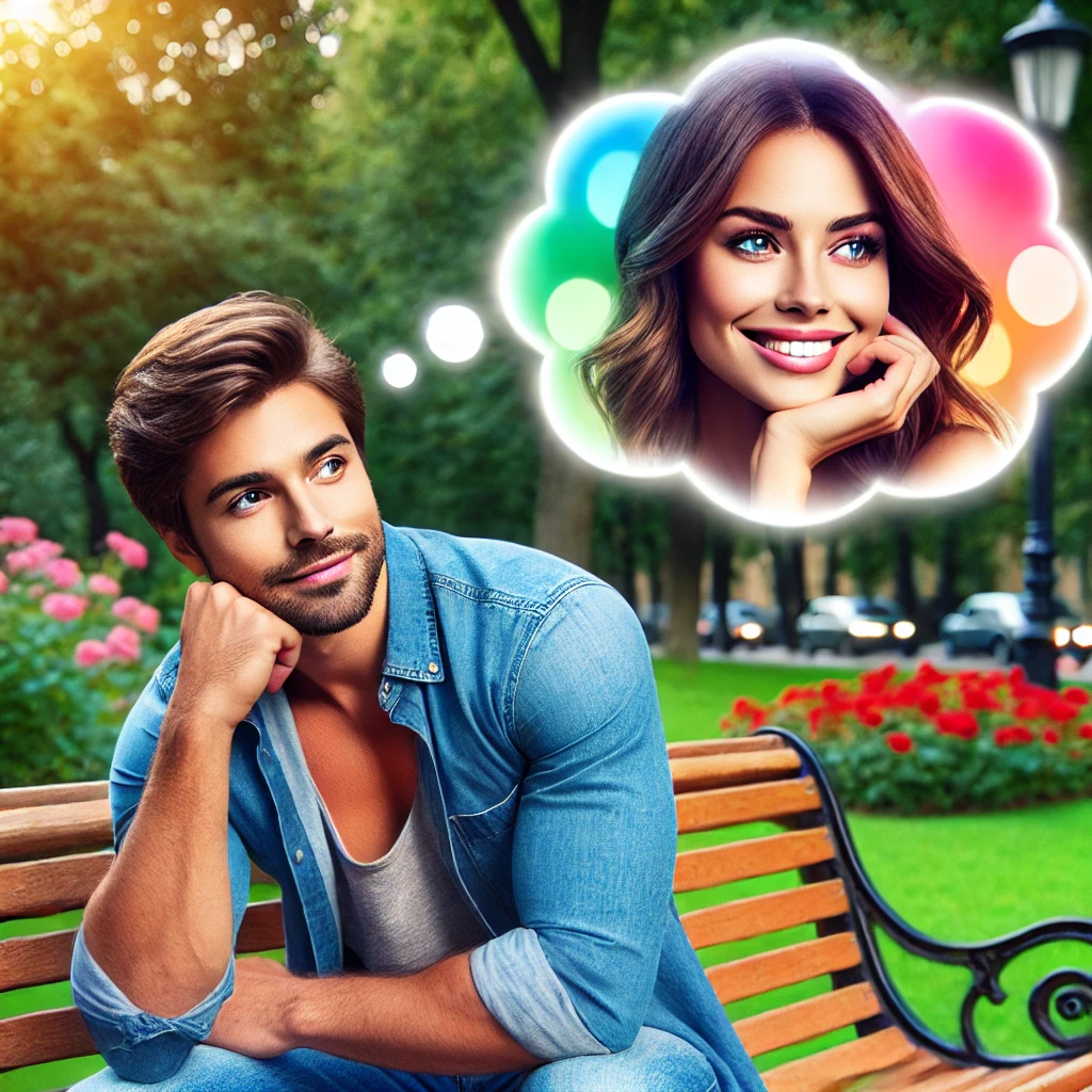 A handsome man with styled hair and a denim shirt sits on a park bench, thoughtfully gazing into the distance. A thought bubble above his head shows a smiling woman with vibrant, colorful circles in the background, indicating he is thinking about her. This image illustrates the concept of 'how to make him think of you all the time' for the blog post titled 'Get Inside His Head: 12 Genius Ways To Make Him Think Of You All The Time'.