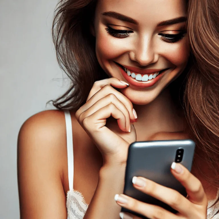 A smiling woman in a white lace top looks at her phone, appearing excited and engaged. This image represents sending flirty text messages to him.