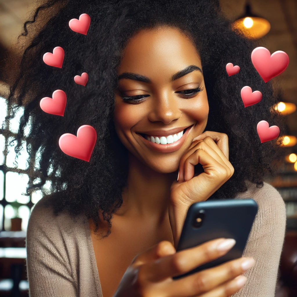 A woman with curly hair smiles while looking at her phone, surrounded by floating heart emojis, symbolizing love and affection. The background features warm lighting, creating a cozy atmosphere.