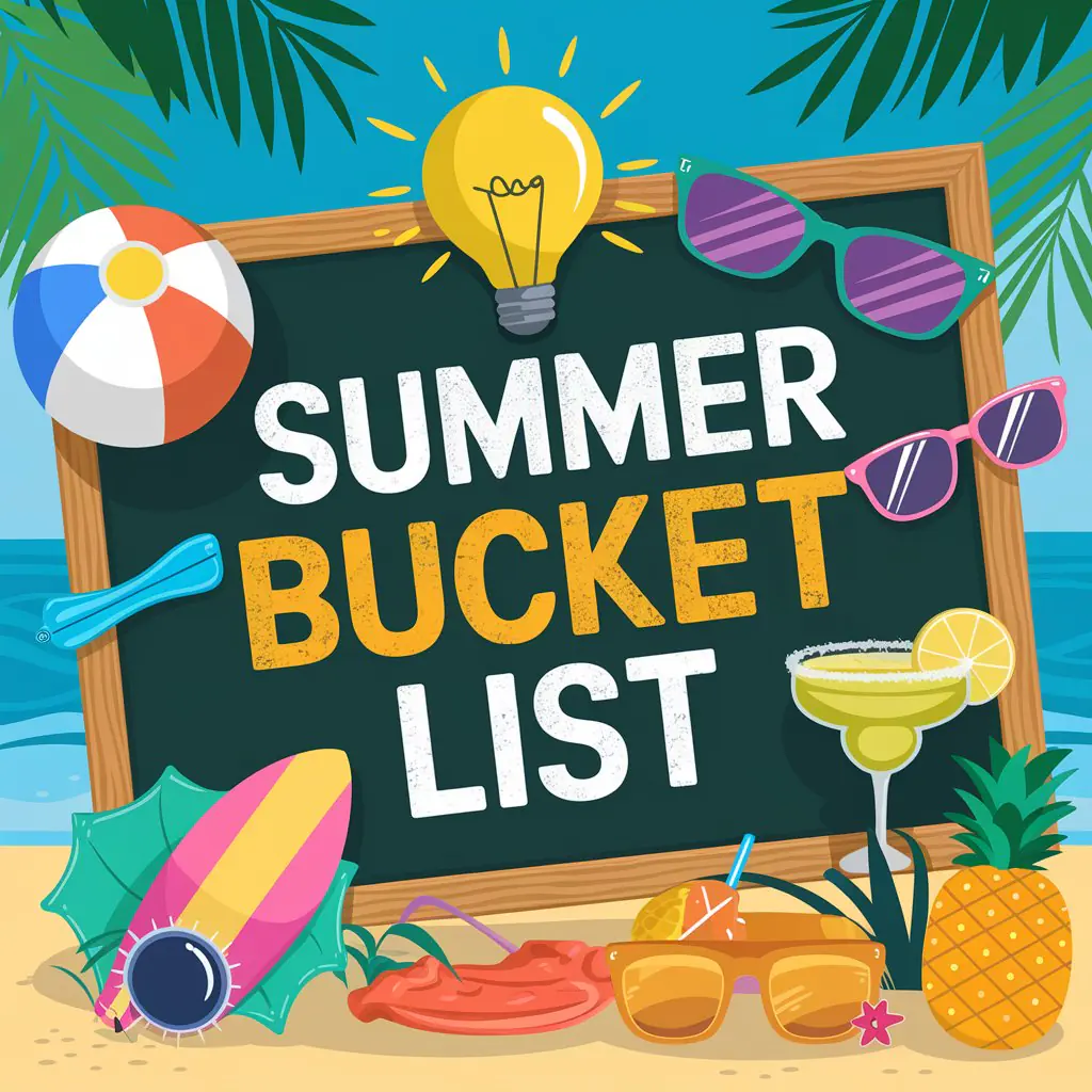 An illustration featuring a chalkboard sign that reads "Summer Bucket List" surrounded by beach-themed items, including sunglasses, a beach ball, a surfboard, a tropical drink, a pineapple, and flip-flops. The scene is set against a backdrop of blue skies and ocean waves, evoking fun summer bucket list ideas.