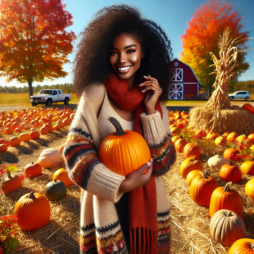 A smiling Black woman holding a large pumpkin in a vibrant pumpkin patch on a sunny fall day. She is dressed in a cozy autumn outfit, featuring a warm sweater and a red scarf, with colorful autumn trees, a red barn, and a truck in the background. This image embodies the essence of fall activities, perfect for a fall bucket list.