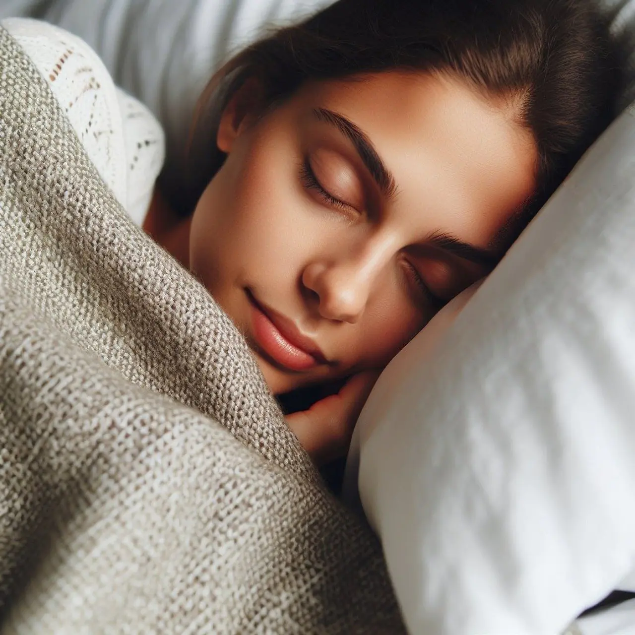 A young woman with a serene expression sleeps peacefully, wrapped in a knit blanket. This image evokes the tranquility of a well-established evening routine.