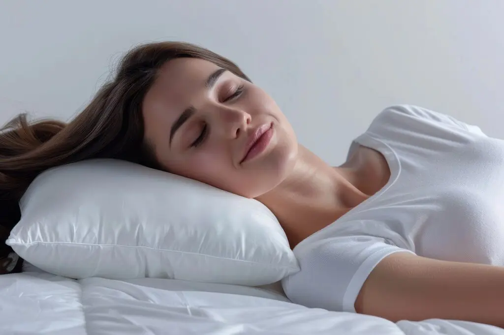 A content woman with closed eyes lying comfortably in bed, her head resting on a white pillow, exemplifying the peaceful conclusion of an effective evening routine.