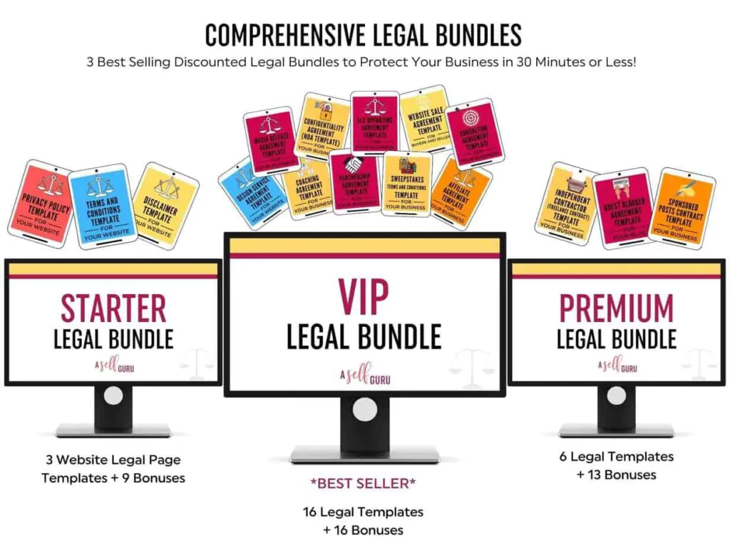 A comparison graphic showcasing three comprehensive legal bundles for business protection: Starter Legal Bundle, VIP Legal Bundle (labeled as the best seller), and Premium Legal Bundle. Each bundle includes various website legal templates and bonuses, with descriptions such as privacy policy, terms and conditions, and contract templates displayed above. The image emphasizes quick legal solutions with bundled options for different business needs.