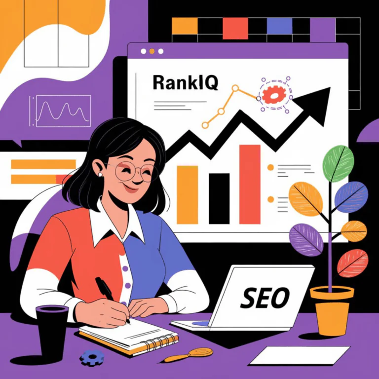Illustration of a woman working at a desk with a notepad and a laptop displaying the word "SEO." Behind her, a large screen shows analytics graphics, including a line graph and bar chart labeled "RankIQ," indicating upward trends. The setting is colorful with purple, orange, and green elements, suggesting a vibrant workspace focused on SEO analysis.