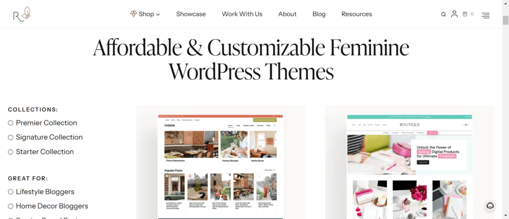 Restored 316 website showcasing 'Affordable & Customizable Feminine WordPress Themes' with example layouts from the Fusion and Boutique themes, designed for lifestyle, home decor bloggers, and service-based businesses. The page lists theme collections such as Premier, Signature, and Starter, with categories highlighting ideal users like lifestyle and home decor bloggers.