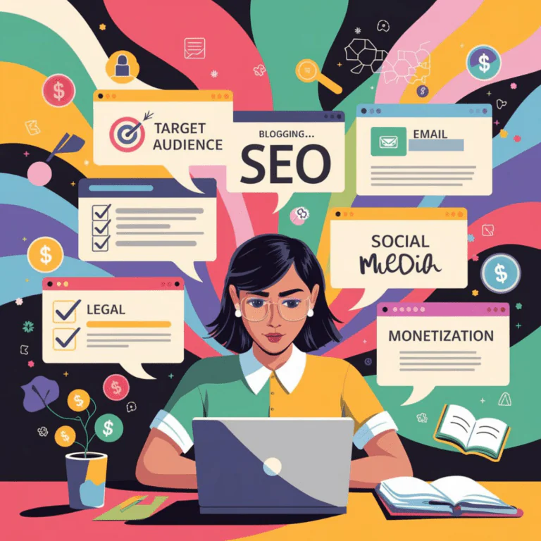 An illustration of a woman working on a laptop surrounded by floating windows with words related to blogging, including SEO, target audience, email, social media, legal, and monetization. Colorful swirls fill the background, and icons of dollar signs, checkmarks, and writing tools represent key blogging concepts. A notebook and a small plant sit on the desk beside her.