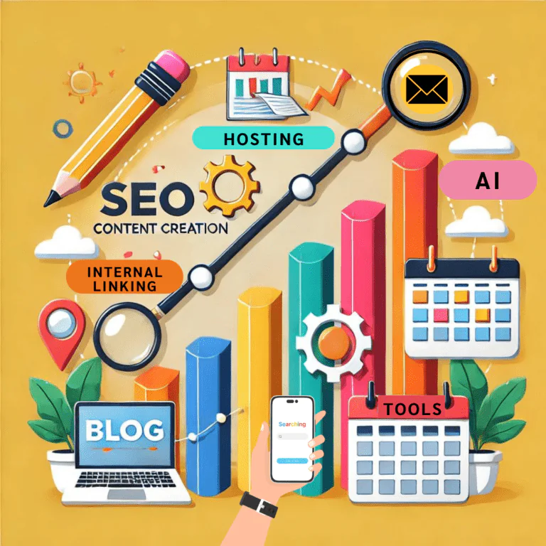 This image is a vibrant, stylized illustration showcasing key elements of SEO and blogging tools. It features colorful bar charts and icons, with labels like "Hosting," "AI," "Internal Linking," and "Tools." A large magnifying glass emphasizes SEO and content creation, while icons for a blog, a calendar, and a phone displaying a search screen represent important blogging resources. The overall theme focuses on SEO strategies and essential blogging tools, with a pencil and plant adding a creative, fresh touch.