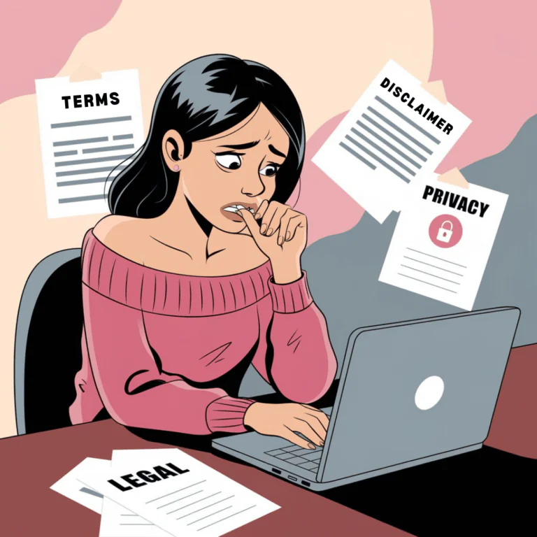 Illustration of a worried woman sitting at a desk with a laptop, biting her nails. Papers labeled “Terms,” “Disclaimer,” “Privacy,” and “Legal” surround her, symbolizing concerns about legal documents and website compliance. The image conveys stress over understanding or managing legal requirements for a website or business.