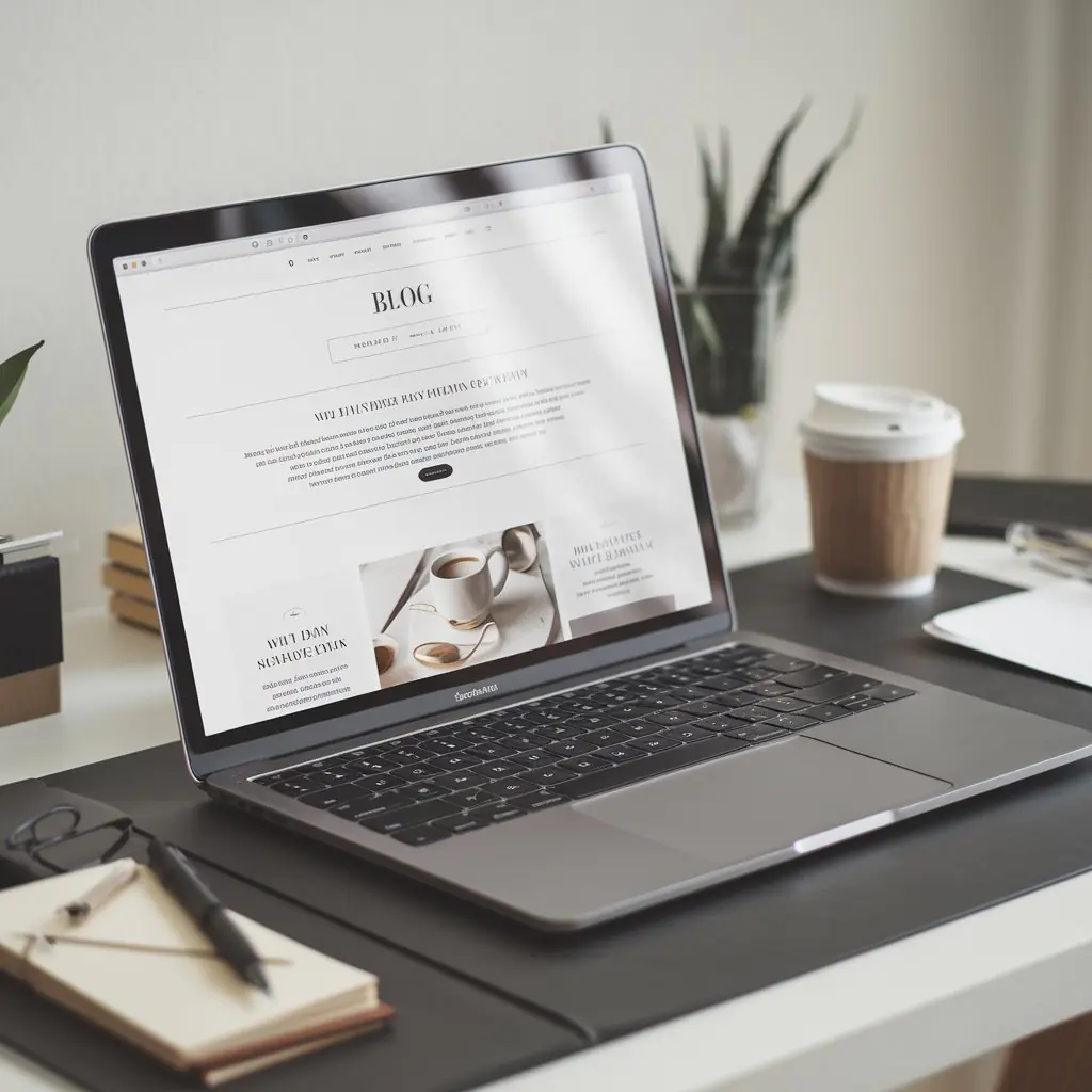Minimalist workspace featuring a laptop displaying a blog layout with a clean, white design, alongside a notebook, pen, and a takeaway coffee cup. The setting suggests a calm, organized environment for writing or editing blog content.