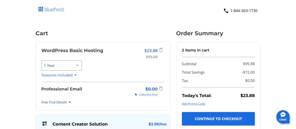 Bluehost cart page showing a one-year WordPress Basic Hosting plan for $23.88 after a discount, with Professional Email included for free. The order summary indicates a subtotal of $95.88, total savings of $72, and a total cost of $23.88, with a 'Continue to Checkout' button below.