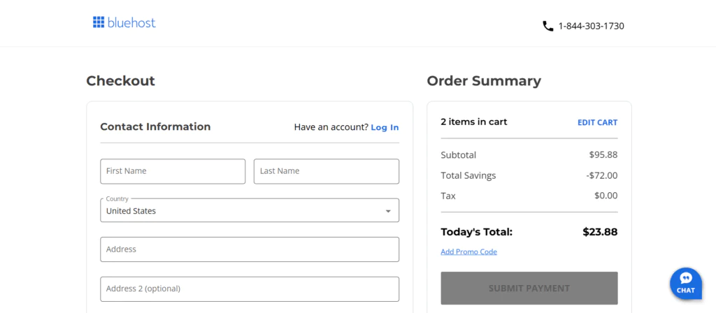 Bluehost checkout page showing contact information fields on the left and an order summary on the right, listing two items in the cart with a subtotal of $95.88, total savings of $72, and a final total of $23.88. A 'Submit Payment' button is available at the bottom.