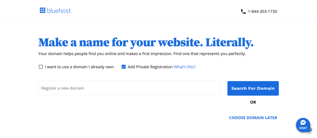 Bluehost domain registration page with the headline 'Make a name for your website. Literally.' prompting users to search for a new domain or use an existing one, with an option for private registration. Includes a search bar for domain entry and a button labeled 'Search For Domain.'