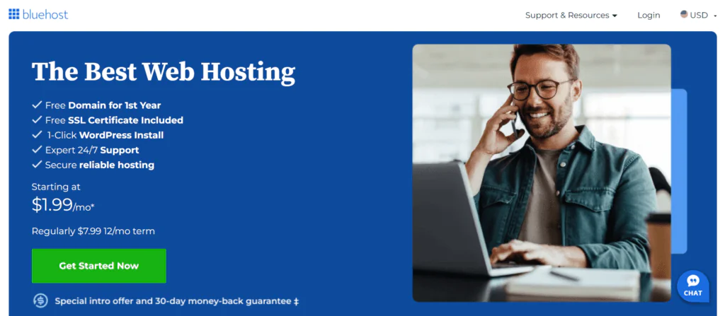 Bluehost web hosting promotion displaying a smiling man in a headset using a laptop, with text highlighting features such as free domain for the first year, free SSL certificate, 1-click WordPress install, 24/7 support, and reliable hosting. Starting price is $1.99 per month, with a special introductory offer and a 30-day money-back guarantee.