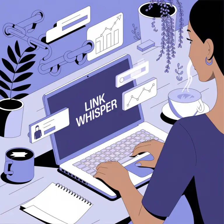 Illustration of a woman sitting at a desk, working on a laptop with the screen displaying 'Link Whisper.' Various icons related to linking, analytics, and graphs float around the screen. The scene includes a notebook, coffee mug, and potted plants, creating a productive workspace atmosphere.