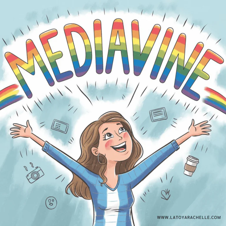 Illustrated image of a smiling woman with arms raised, surrounded by blogging-related icons like a camera, a coffee cup, and an electronic device. The word "Mediavine" appears in large, colorful rainbow letters above her, radiating energy. The illustration conveys a sense of excitement and positivity about Mediavine. The URL www.latoyarachelle.com is seen at the bottom right.