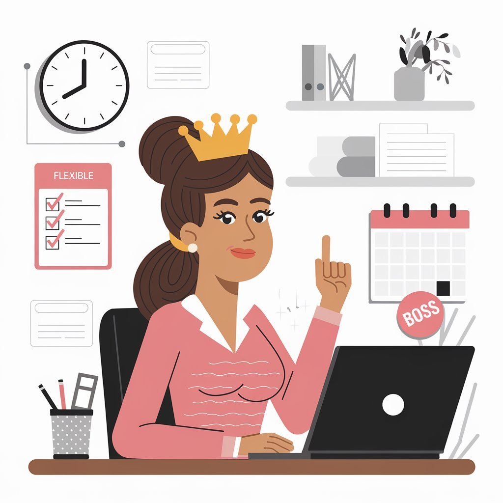 Illustration of a woman wearing a crown, sitting at a desk with a laptop, symbolizing being her own boss. Surrounding her are icons of a clock, calendar, checklist labeled “Flexible,” and office supplies, representing time management and independence. The image conveys the freedom and authority of self-employment through blogging.