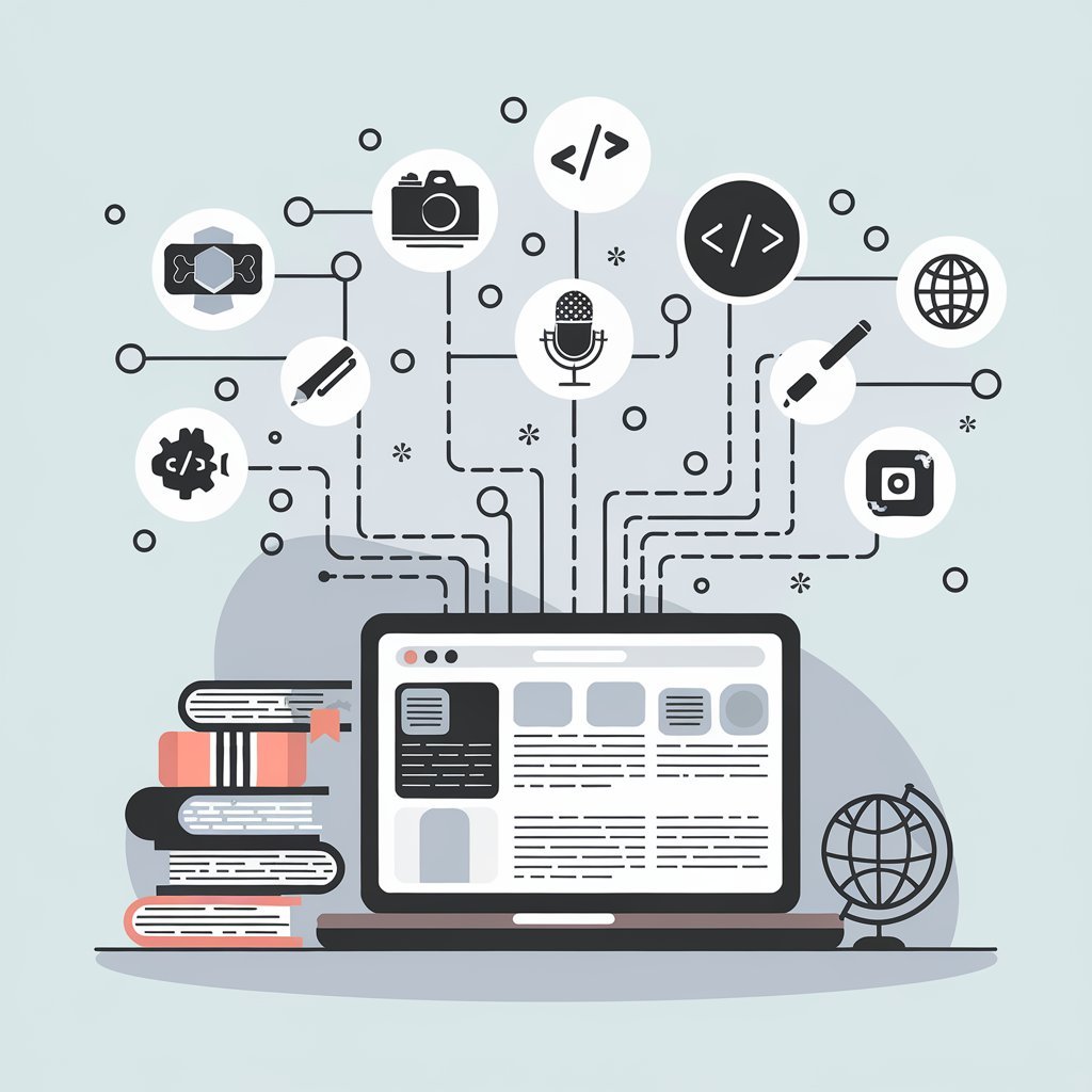 Illustration of a laptop connected to various icons representing different skills, including photography, coding, podcasting, writing, and social media. A stack of books and a globe sit beside the laptop, symbolizing learning and global reach. The image highlights the diverse skill development opportunities that blogging can offer.