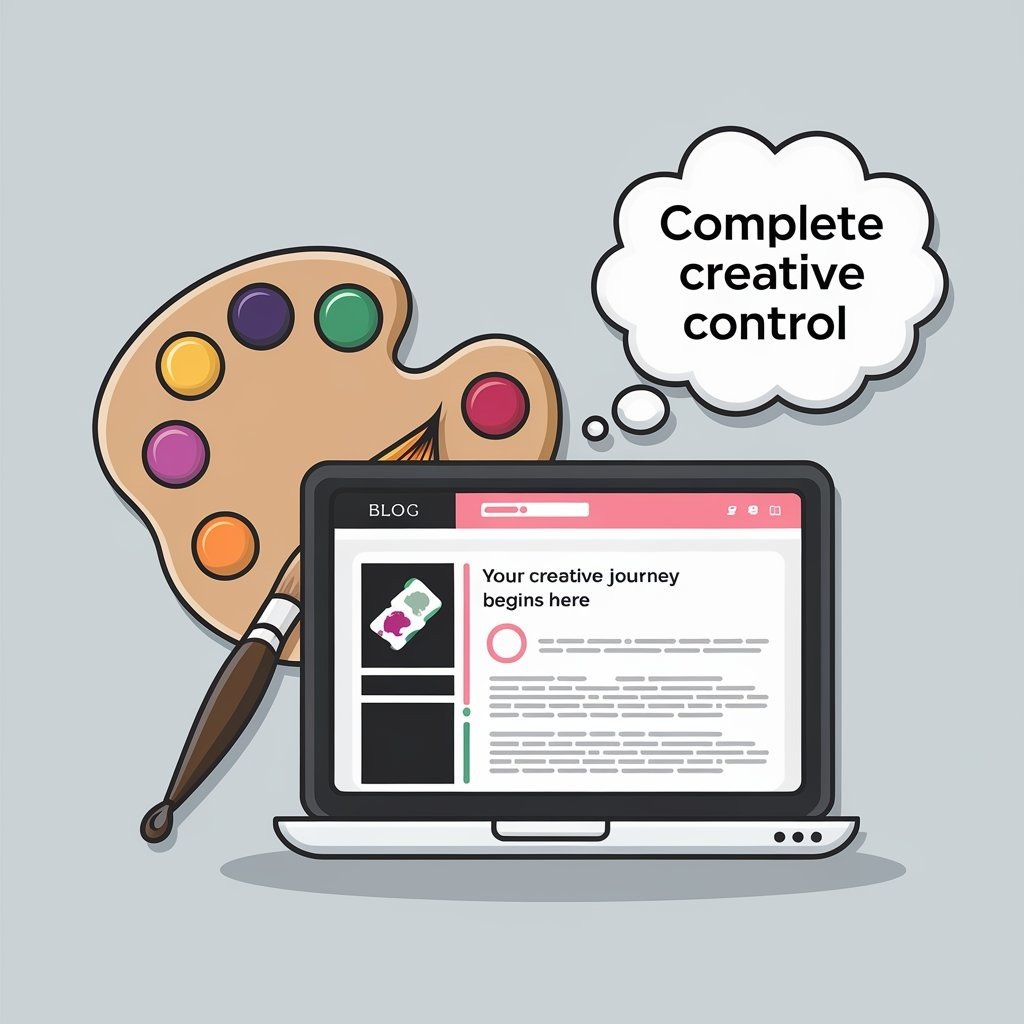 Illustration of a laptop displaying a blog with the phrase “Your creative journey begins here,” accompanied by a paint palette and brush, symbolizing artistic expression. A thought bubble with the words “Complete creative control” emphasizes the freedom to personalize and shape one’s own content. The image highlights the creative autonomy that blogging offers.