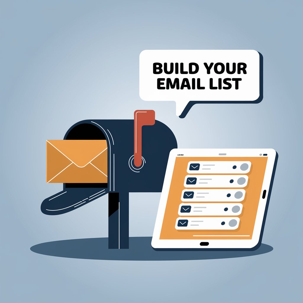 Illustration of a mailbox with an envelope and a tablet displaying a list of email subscribers, alongside a speech bubble that says, “Build your email list.” This image highlights the concept of using blogging to grow an email marketing audience. It conveys the importance of email lists in digital marketing strategies.