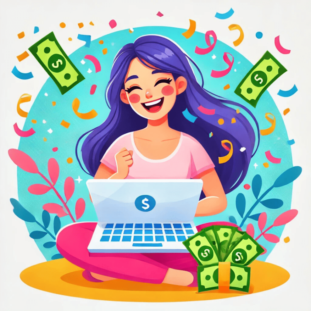 Illustration of a joyful woman sitting cross-legged with a laptop, surrounded by flying dollar bills, confetti, and a stack of cash. The scene conveys excitement and the potential for financial success through blogging. The image highlights the fun and profitable aspects of blogging as a career or side hustle.