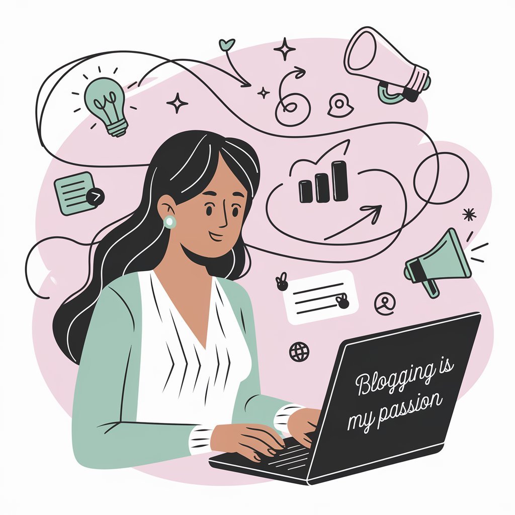 Illustration of a woman typing on a laptop with the phrase “Blogging is my passion” on the screen. She is surrounded by icons symbolizing blogging and creativity, including a lightbulb, megaphone, and bar chart, set against a soft pink background. The image conveys enthusiasm and dedication to blogging as a creative pursuit.
