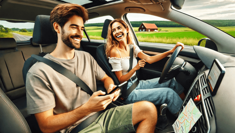 A smiling couple is seated in a car during a road trip through a scenic countryside. The woman is driving while laughing, and the man, sitting in the passenger seat, is holding a phone and smiling. A paper map and a GPS device are visible in the car, and lush green fields with a red barn are seen through the windows.