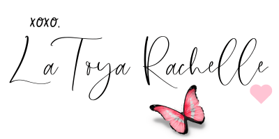 A stylish blog post signature featuring the handwritten-style text "XOXO. LaToya Rachelle" in elegant black script. A pink and black butterfly rests near the name, accompanied by a small pink heart, adding a soft and feminine touch. The design is clean and minimalistic, perfect for a personal or lifestyle blog.