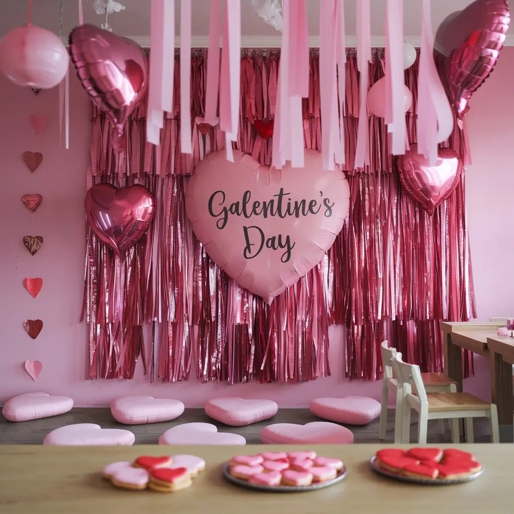 A festive Galentine's Day setup with a pink heart-shaped balloon reading "Galentine's Day," surrounded by metallic pink fringe, heart-shaped foil balloons, and hanging heart decorations. The floor features pink heart-shaped cushions for seating, while a wooden table in the foreground holds plates of heart-shaped cookies in red and pink. The decor creates a cozy and celebratory atmosphere.