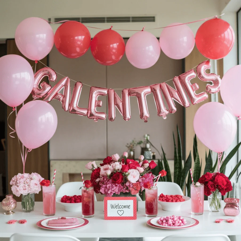 A chic Galentine's Day brunch setup featuring a white table decorated with pink and red flowers, heart-shaped plates, pink drinks with striped straws, and bowls of candy. Above the table, a rose-gold "GALENTINES" balloon banner is paired with pink and red balloons. The centerpiece includes a "Welcome" sign, creating a warm and festive atmosphere.