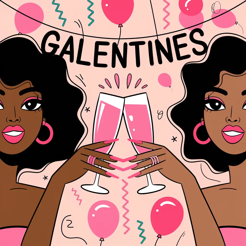 Illustrated image of two women with bold makeup and curly hair, dressed in pink, clinking champagne glasses filled with pink liquid. The background features festive decorations, including pink balloons, streamers, and a banner that reads 'GALENTINES.' The scene exudes celebration and friendship.
