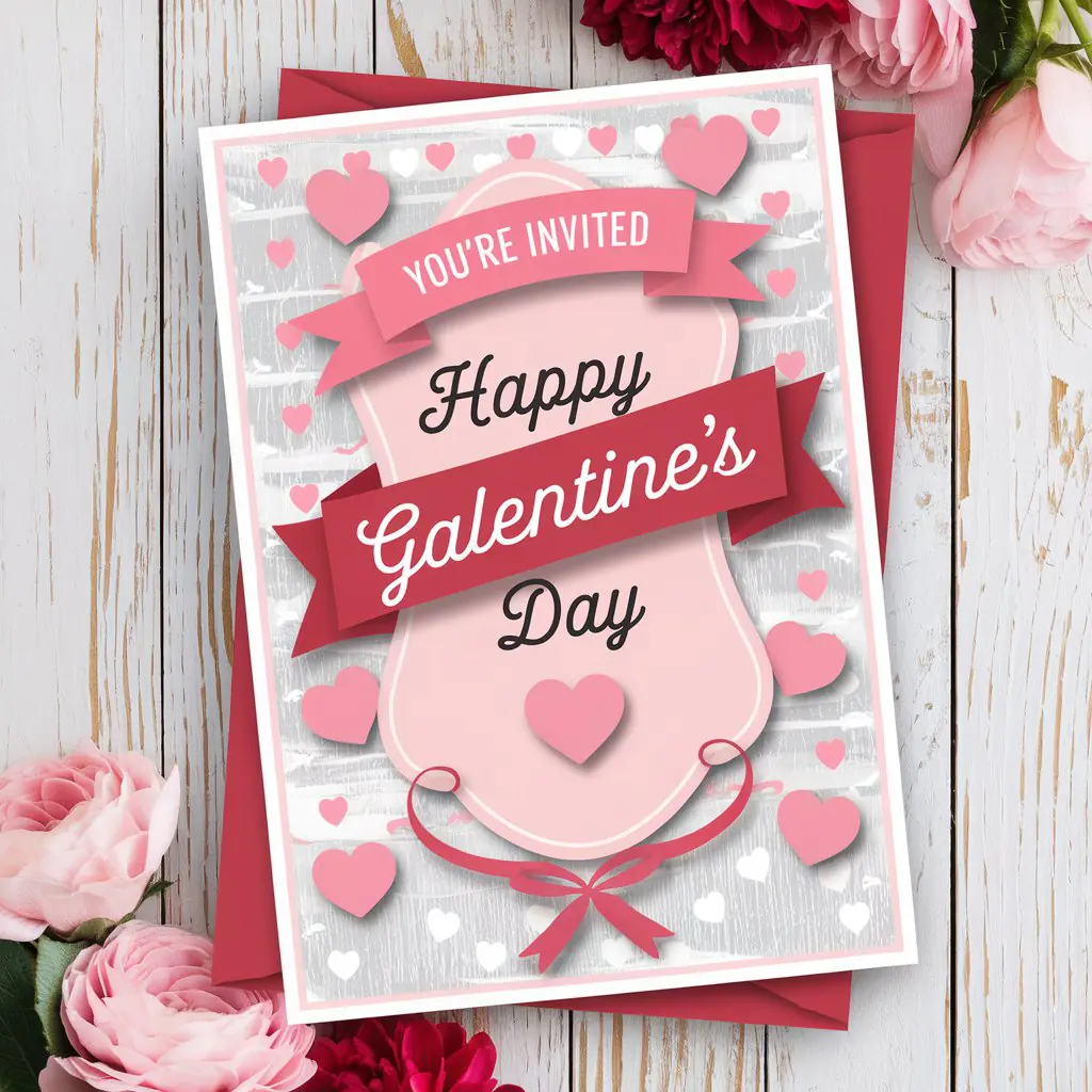 A festive Galentine's Day invitation card with the text "You're Invited" and "Happy Galentine's Day" written in elegant fonts, accented by red and pink banners and heart shapes. The card is styled with a rustic wood-like background and surrounded by pink and red flowers. The design is cheerful and inviting, perfect for a celebratory gathering.