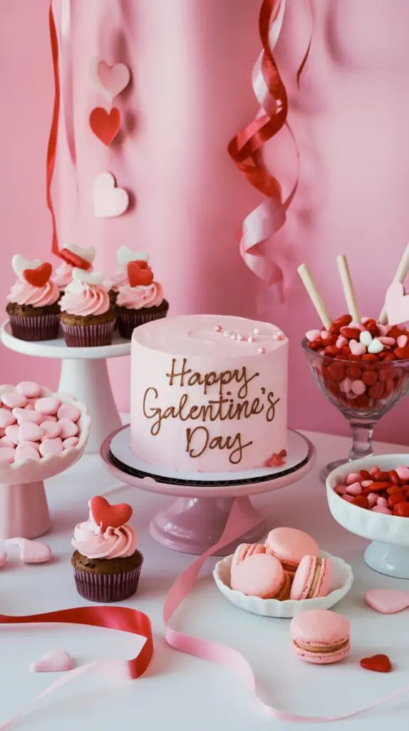 A festive dessert table featuring a pink cake with "Happy Galentine's Day" written in script, surrounded by heart-themed treats. The setup includes chocolate cupcakes with pink frosting and heart toppers, bowls of candies, pink macarons, and red and pink ribbons. The pink backdrop and hanging heart decorations add to the celebratory, romantic vibe.