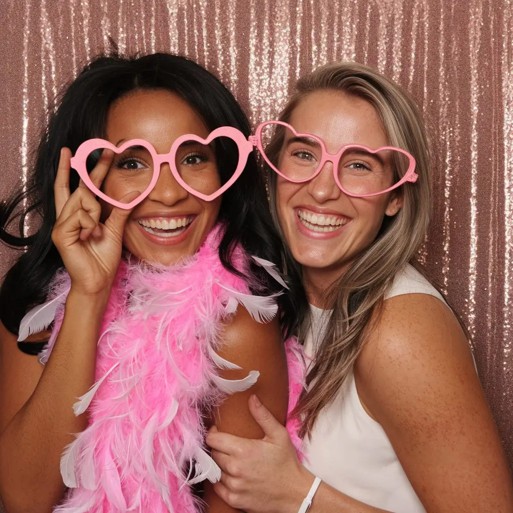 Two women smiling and posing in front of a glittery, rose-gold backdrop. They are wearing oversized pink, heart-shaped glasses, with one draped in a bright pink feather boa. The image exudes a playful and celebratory vibe.