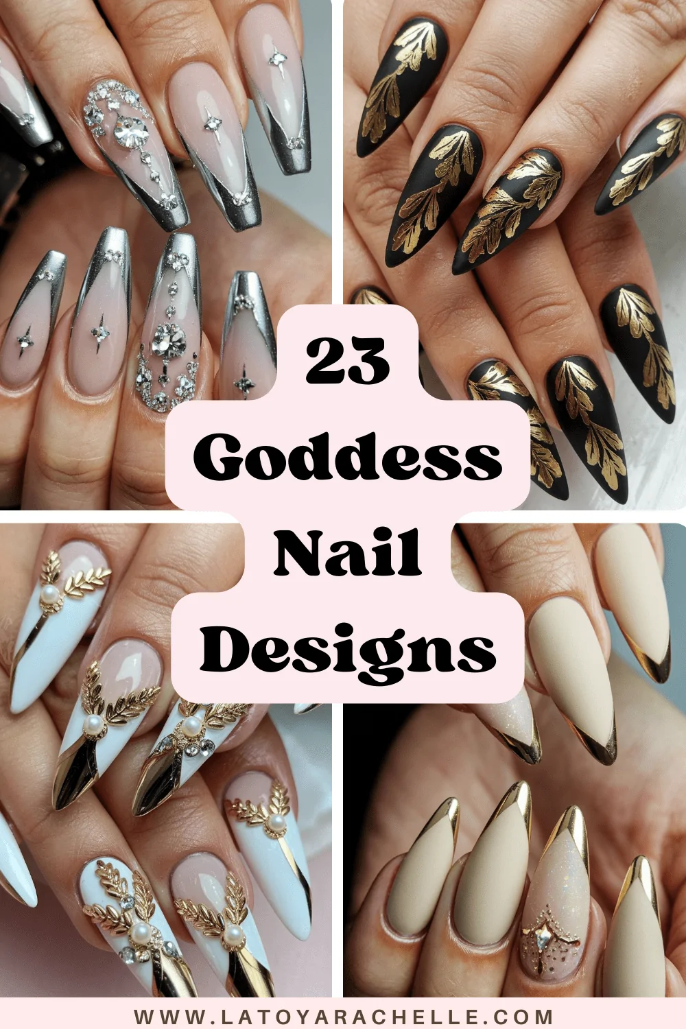 Collage image showcasing goddess nail designs, featuring metallic accents, gold embellishments, and elegant patterns, with the text '23 Goddess Nail Designs' in bold over a pink background. The collage highlights a variety of luxurious nail art styles.