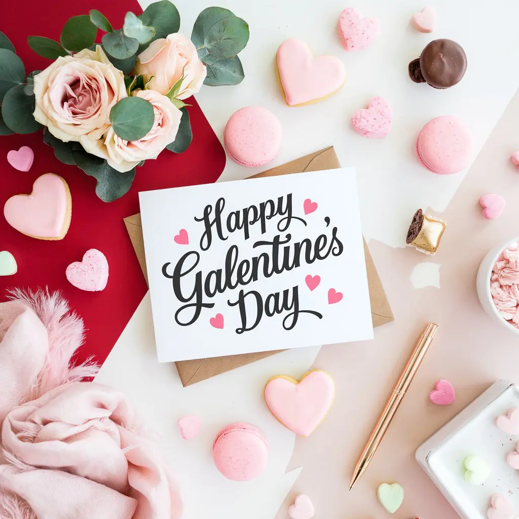 A flat-lay of a "Happy Galentine's Day" card surrounded by pink and red decor. The setup includes heart-shaped cookies, macarons, a bouquet of pale pink roses with greenery, a soft pink scarf, and small heart-shaped candies. The scene is festive and feminine, celebrating friendship and love.