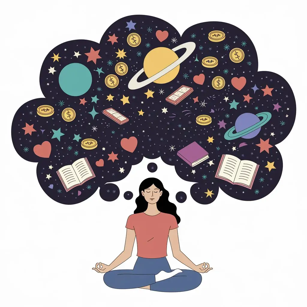 A woman sits cross-legged in a meditative pose with her eyes closed, exuding calm and focus. Above her, a thought bubble filled with colorful symbols, including planets, stars, books, hearts, coins, and money, represents dreams and aspirations. The image symbolizes visualization and manifesting goals through mindfulness and positive thinking.