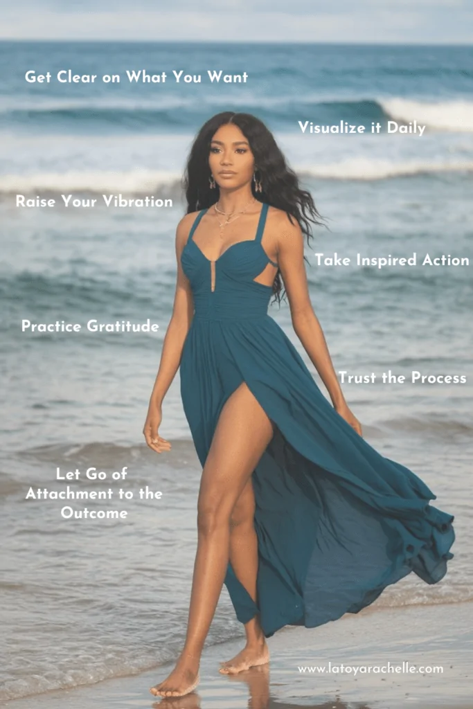 A woman in a flowing teal dress walks confidently along the beach with waves in the background. Text overlays around her outline steps for manifestation, including "Get Clear on What You Want," "Visualize it Daily," "Raise Your Vibration," "Practice Gratitude," "Take Inspired Action," "Trust the Process," and "Let Go of Attachment to the Outcome." The scene blends serenity and empowerment, promoting intentional living and manifesting goals. The website "www.latoyarachelle.com" is displayed at the bottom right.