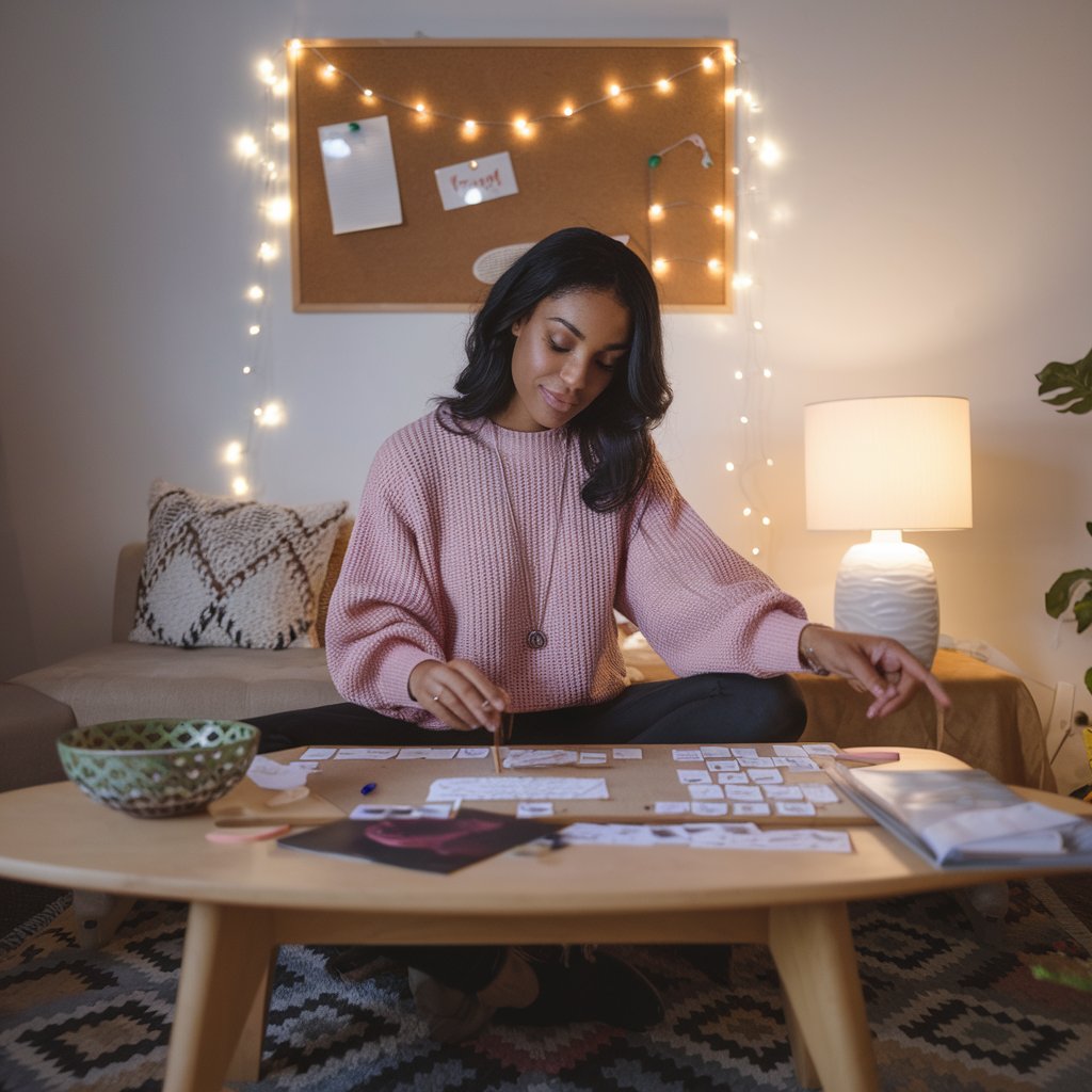 A woman is sitting cross-legged on the floor, working on a vision board at a wooden coffee table in a cozy, softly lit room. She is arranging cards and images while a corkboard with string lights and pinned notes is displayed behind her. The scene conveys a warm, creative, and focused atmosphere.