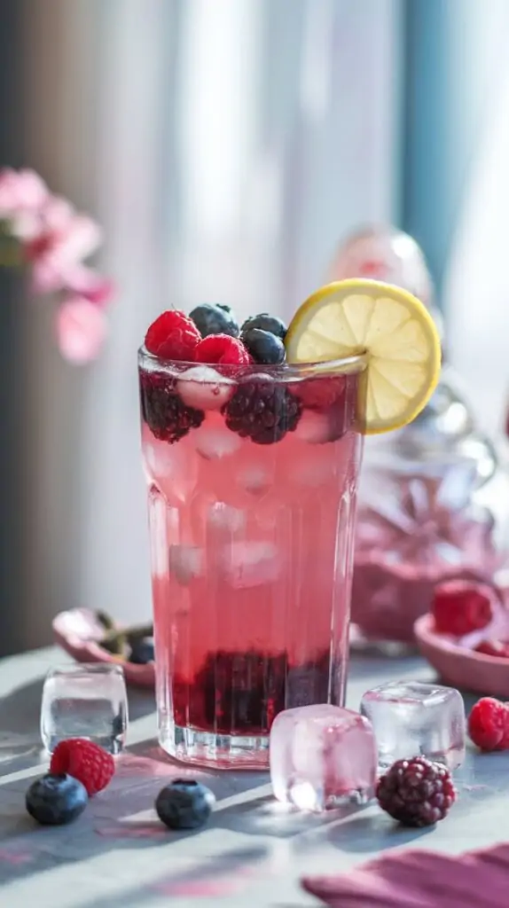 A tall glass of berry hibiscus iced tea, garnished with fresh raspberries, blueberries, blackberries, and a lemon slice. The drink is filled with ice cubes, with additional berries and ice scattered on the table. A soft, blurred background featuring pink flowers and subtle lighting adds a calming and refreshing atmosphere.