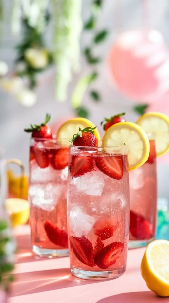 Three tall glasses of strawberry lemonade spritzers, filled with ice, fresh strawberry slices, and lemon wedges, garnished with whole strawberries and lemon slices on the rim. The glasses sit on a pink surface with soft, blurred greenery and pastel balloons in the background, creating a fresh and cheerful setting. Bright sunlight highlights the vibrant colors and sparkling fizz of the drinks.