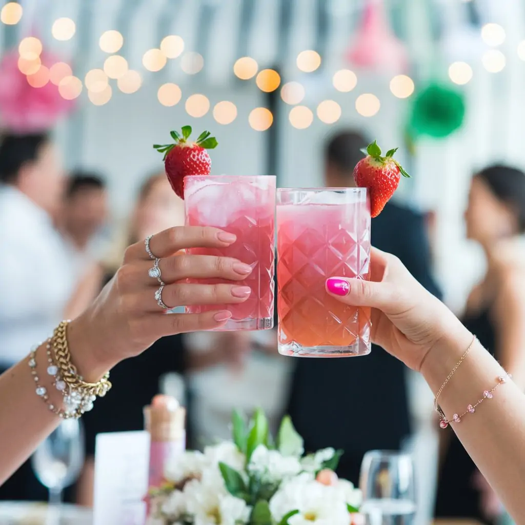 Two hands holding glasses of pink cocktails garnished with fresh strawberries, raised in a celebratory toast. The scene features sparkling jewelry and manicured nails, with a blurred background of party decorations, warm string lights, and mingling guests. A floral centerpiece sits on the table below, enhancing the festive atmosphere.