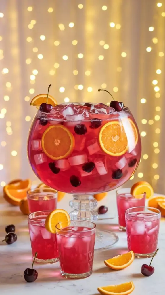 A large glass punch bowl filled with pink punch, ice cubes, orange slices, and cherries, surrounded by smaller glasses of punch garnished with orange slices. The setup is placed on a white marble surface, with additional orange slices and cherries scattered around. A soft background of golden string lights adds a festive ambiance.